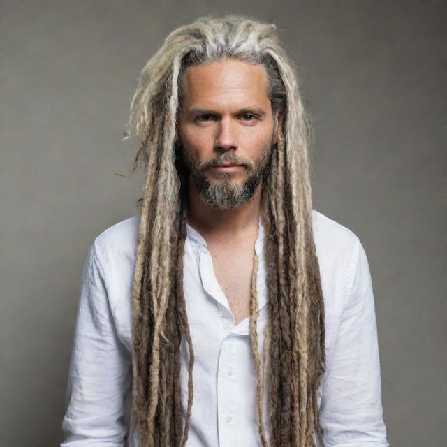 A stylish man with long, white dreadlocks tied up neatly