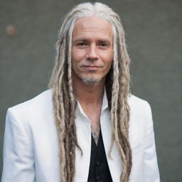 A stylish man with long, white dreadlocks tied up neatly