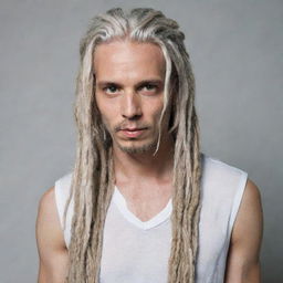 A stylish man with long, white dreadlocks tied up neatly