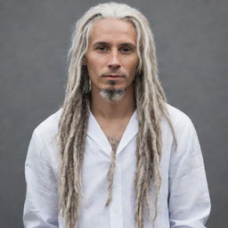 A stylish man with long, white dreadlocks tied up neatly