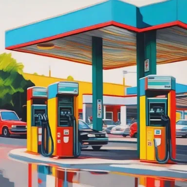 The artist captured the vibrant colors and strong lines of the petrol station in her painting, showcasing its unique beauty.