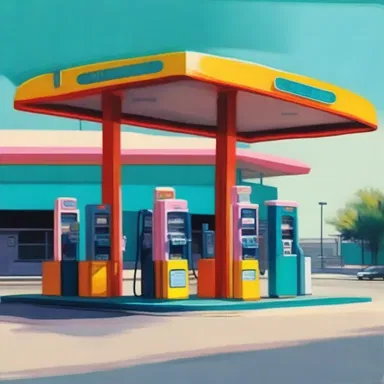 The artist captured the vibrant colors and strong lines of the petrol station in her painting, showcasing its unique beauty.
