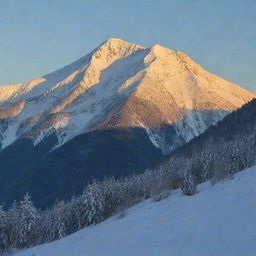 A beautiful snow-covered mountain bathed in the golden light of the setting sun.