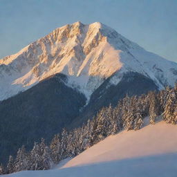 A beautiful snow-covered mountain bathed in the golden light of the setting sun.