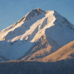 A beautiful snow-covered mountain bathed in the golden light of the setting sun.