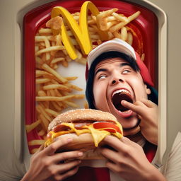 Further modify previous image: The person's delight escalates, hitting fever pitch as they whoop with sheer ecstasy. Their joyous features scream with excitement while holding the McDonald's meal.