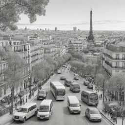 Generate an 8000px by 3125px black and white illustration of Paris city. It should feature numerous people, various modes of transport, trees, and animals, creating the vibe of a giant coloring poster template.