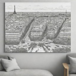 Generate an 8000px by 3125px black and white illustration of Paris city. It should feature numerous people, various modes of transport, trees, and animals, creating the vibe of a giant coloring poster template.