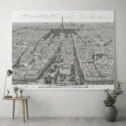 Generate an 8000px by 3125px black and white illustration of Paris city. It should feature numerous people, various modes of transport, trees, and animals, creating the vibe of a giant coloring poster template.