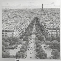 Generate an 8000px by 3125px black and white illustration of Paris city. It should feature numerous people, various modes of transport, trees, and animals, creating the vibe of a giant coloring poster template.