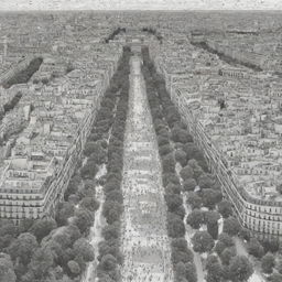 Create an 8000px by 3125px black and white large-scale coloring template of Paris city, filled with numerous people, diverse transport modes, trees, and animals.