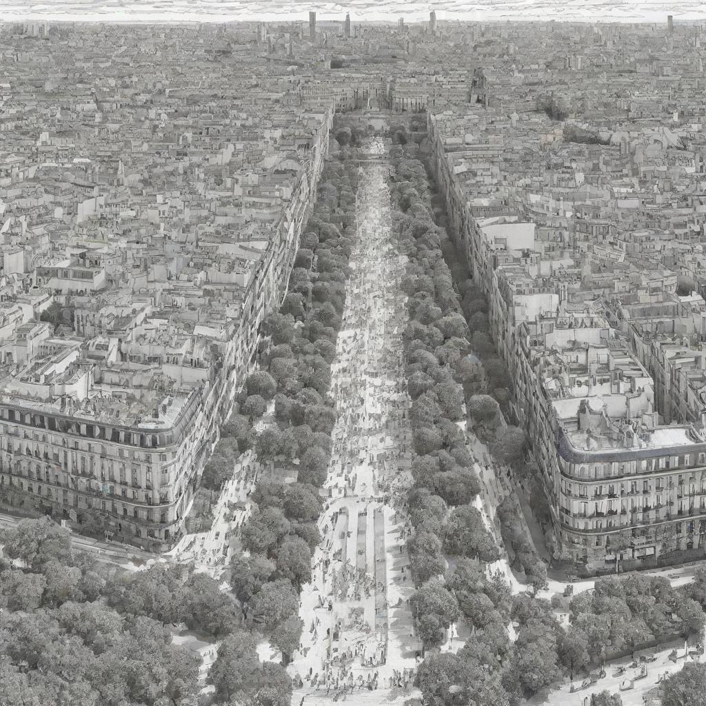 Create an 8000px by 3125px black and white large-scale coloring template of Paris city, filled with numerous people, diverse transport modes, trees, and animals.