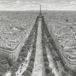 Create an 8000px by 3125px black and white large-scale coloring template of Paris city, filled with numerous people, diverse transport modes, trees, and animals.