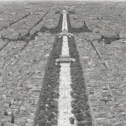 Create an 8000px by 3125px black and white large-scale coloring template of Paris city, filled with numerous people, diverse transport modes, trees, and animals.