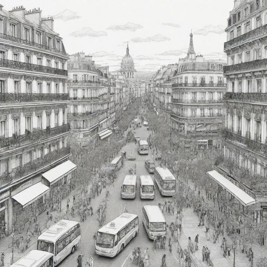 Design an 8000px by 3125px black and white gigantic coloring template of Paris city bustling with people. Make the drawing borders prominent for coloring purposes.