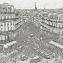 Design an 8000px by 3125px black and white gigantic coloring template of Paris city bustling with people. Make the drawing borders prominent for coloring purposes.