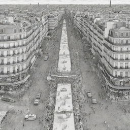 Design an 8000px by 3125px black and white gigantic coloring template of Paris city bustling with people. Make the drawing borders prominent for coloring purposes.