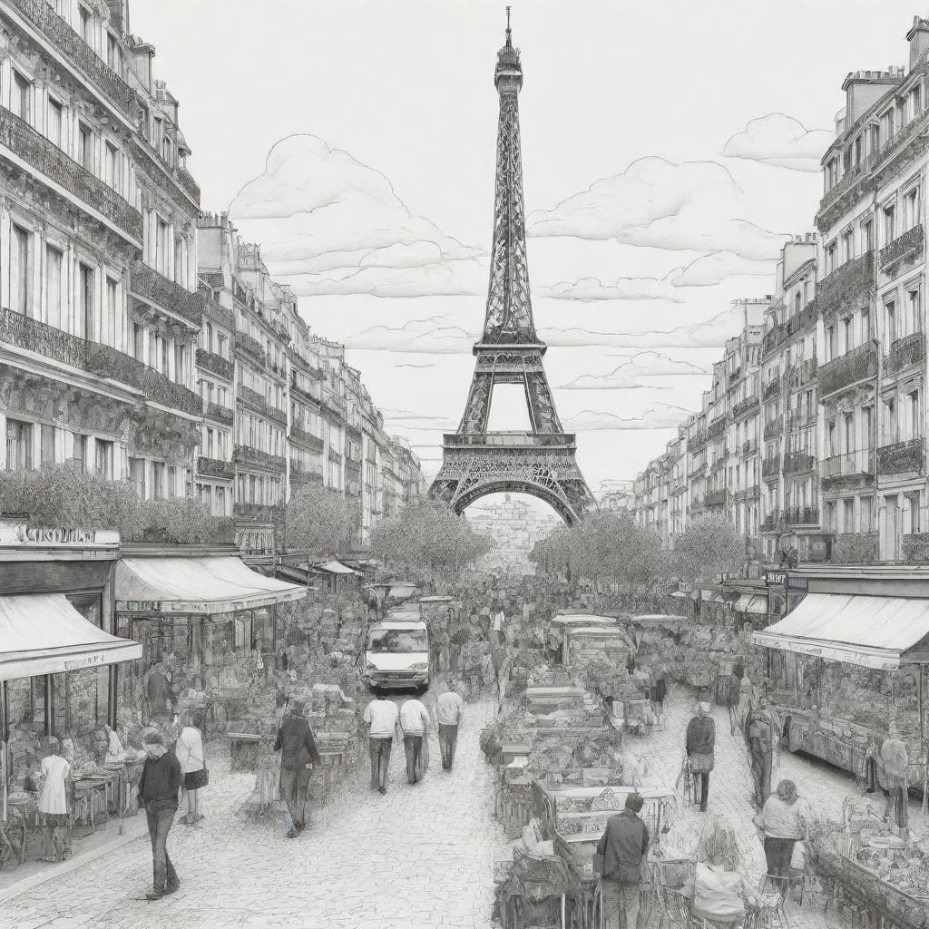 Design an 8000px by 3125px black and white gigantic coloring template of Paris city bustling with people. Make the drawing borders prominent for coloring purposes.