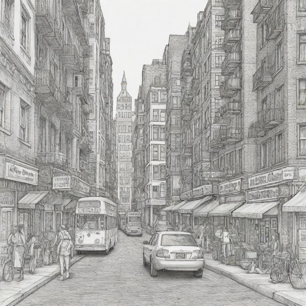 Create an 8000px by 3125px coloring page featuring a detailed and lively urban city scene.