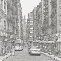 Create an 8000px by 3125px coloring page featuring a detailed and lively urban city scene.