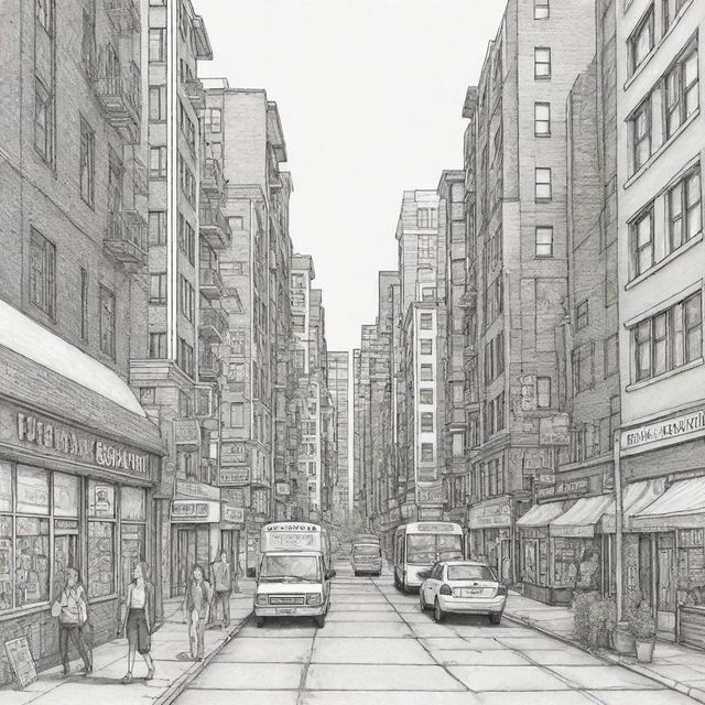 Create an 8000px by 3125px coloring page featuring a detailed and lively urban city scene.