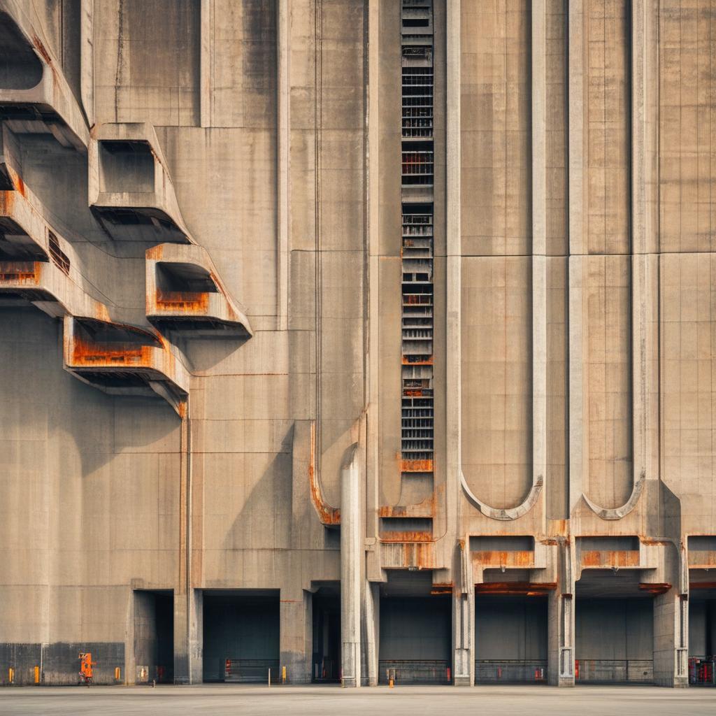 A 4K photograph showcasing a mammoth Brutalist industrial megastructure, towering against an iron-grey sky, its cold concrete surfaces etched with angular shadows and streaks of rust that underscore its raw, uncompromising aesthetic.