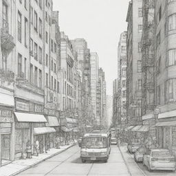 Create an 8000px by 3125px coloring page featuring a detailed and lively urban city scene.