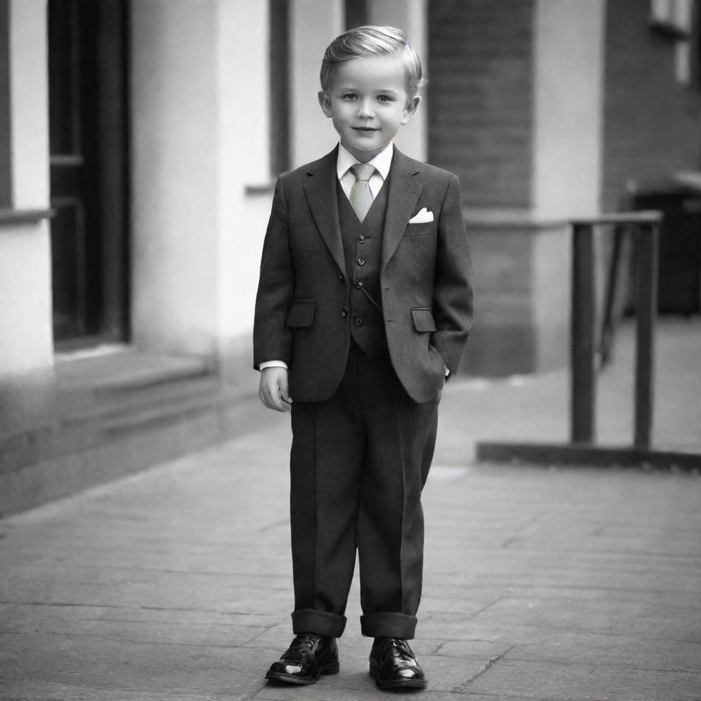 A dapper-looking child dressed in a classy three-piece suit, complete with a tie and polished shoes.