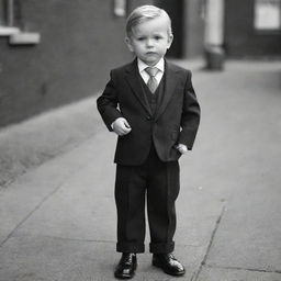 A dapper-looking child dressed in a classy three-piece suit, complete with a tie and polished shoes.