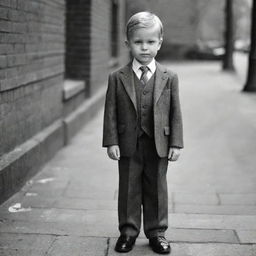 A dapper-looking child dressed in a classy three-piece suit, complete with a tie and polished shoes.