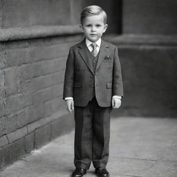 A dapper-looking child dressed in a classy three-piece suit, complete with a tie and polished shoes.