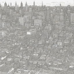 Develop an 8000px by 3125px coloring page filled with a variety of food and urban city-related doodles.