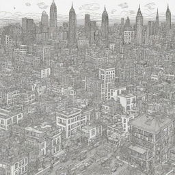Develop an 8000px by 3125px coloring page filled with a variety of food and urban city-related doodles.