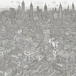 Develop an 8000px by 3125px coloring page filled with a variety of food and urban city-related doodles.