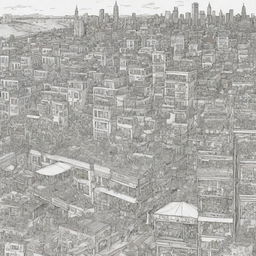 Develop an 8000px by 3125px coloring page filled with a variety of food and urban city-related doodles.