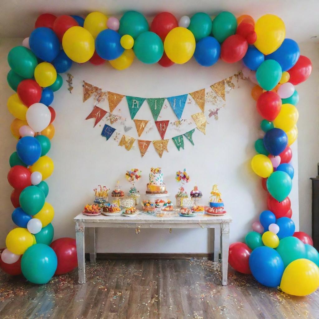 A lively and vibrant room adorned with colorful birthday decorations, including balloons, banners, and confetti, for Saaim's 6th birthday celebration.