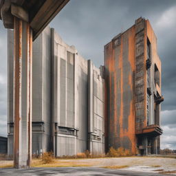 A 4K photograph showcasing a mammoth Brutalist industrial megastructure, towering against an iron-grey sky, its cold concrete surfaces etched with angular shadows and streaks of rust that underscore its raw, uncompromising aesthetic.