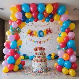 A lively and vibrant room adorned with colorful birthday decorations, including balloons, banners, and confetti, for Saaim's 6th birthday celebration.