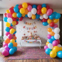 A lively and vibrant room adorned with colorful birthday decorations, including balloons, banners, and confetti, for Saaim's 6th birthday celebration.