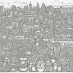 Create a 2D coloring page with black outlined doodles related to food and urban city elements.