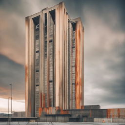 A 4K photograph showcasing a mammoth Brutalist industrial megastructure, towering against an iron-grey sky, its cold concrete surfaces etched with angular shadows and streaks of rust that underscore its raw, uncompromising aesthetic.