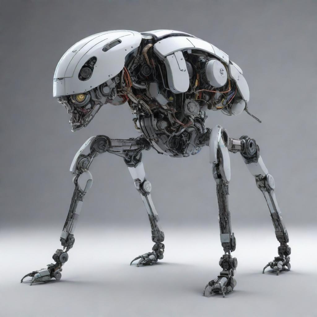 A detailed, high precision rendering of a hybrid robotic creature, utilizing characteristics from various animal species and mechanical parts