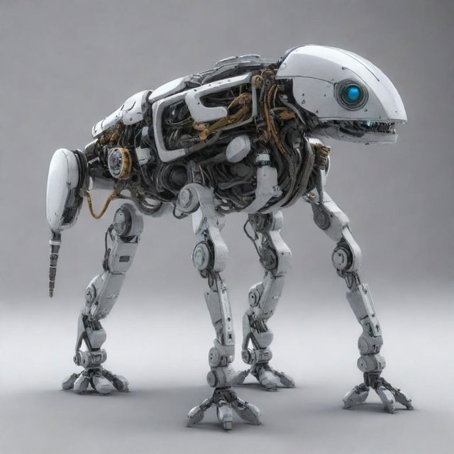 A detailed, high precision rendering of a hybrid robotic creature, utilizing characteristics from various animal species and mechanical parts