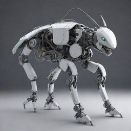 A detailed, high precision rendering of a hybrid robotic creature, utilizing characteristics from various animal species and mechanical parts