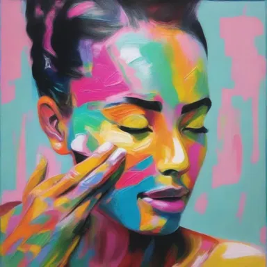 The artist used different colors and textures to portray a woman applying lotion on her face in the painting.