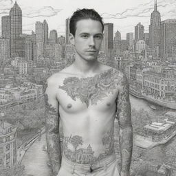 Generate a pure black and white, no greyscale, 2D coloring page filled with detailed tattoo-style line drawings of people, food, and city scenes.