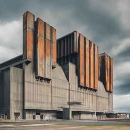 A 4K photograph showcasing a mammoth Brutalist industrial megastructure, towering against an iron-grey sky, its cold concrete surfaces etched with angular shadows and streaks of rust that underscore its raw, uncompromising aesthetic.