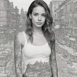 Generate a pure black and white, no greyscale, 2D coloring page filled with detailed tattoo-style line drawings of people, food, and city scenes.