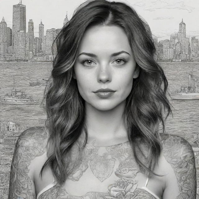 Generate a pure black and white, no greyscale, 2D coloring page filled with detailed tattoo-style line drawings of people, food, and city scenes.