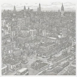 Produce a non-greyscale, black outline 2D colouring page filled with mini-doodles of city elements rendered in detailed tattoo style line drawings.